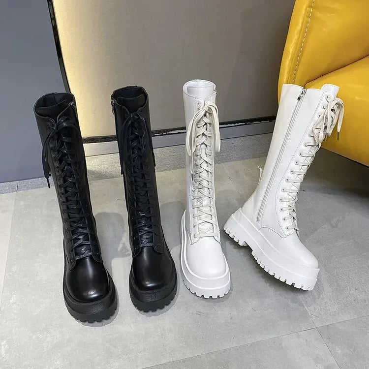 2024 New Thicken Winter Knight Boots Women Knee High Long Square Heel Boots Retro Thick Motorcycle Boots Black White Botas Mujer