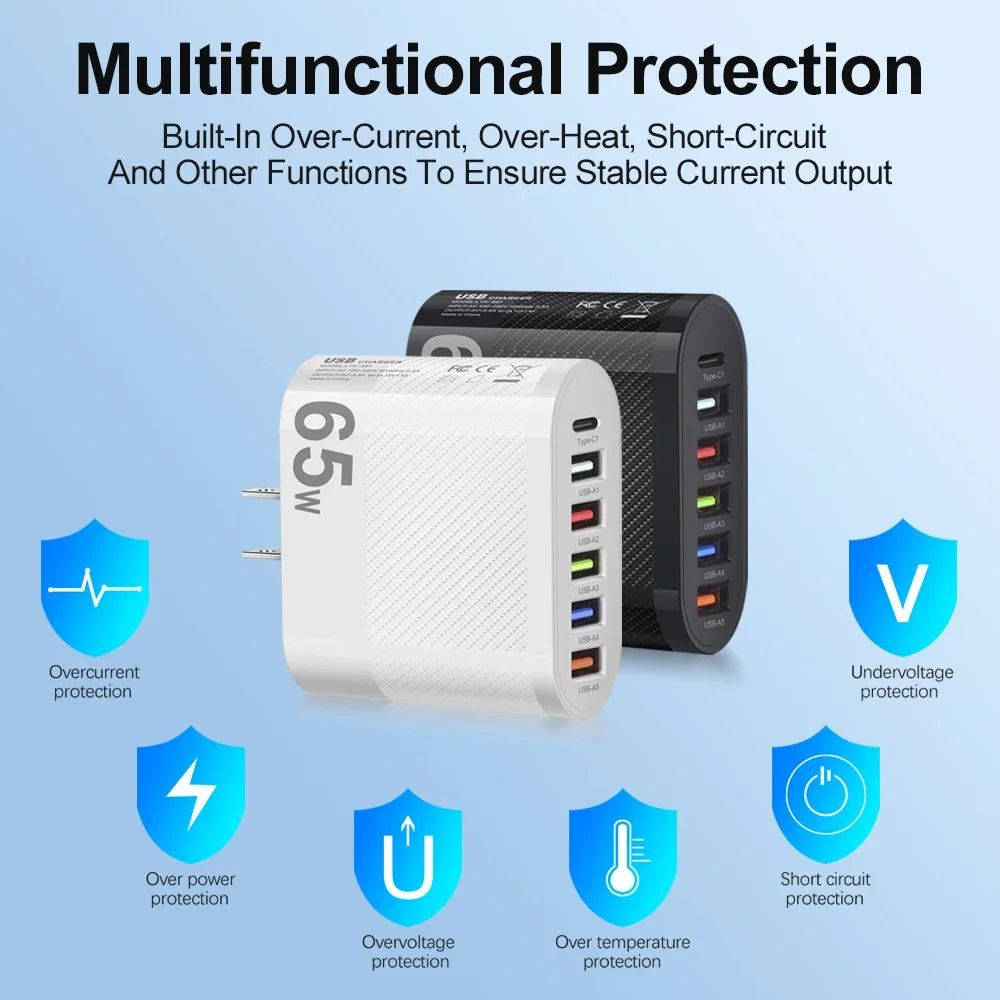3.1A 5 Ports USB Charger PD Fast Charging Adapter For iPhone Xiaomi Samsung Mobile Phone EU/US/UK Plug Charge QC3.0 Wall Charger