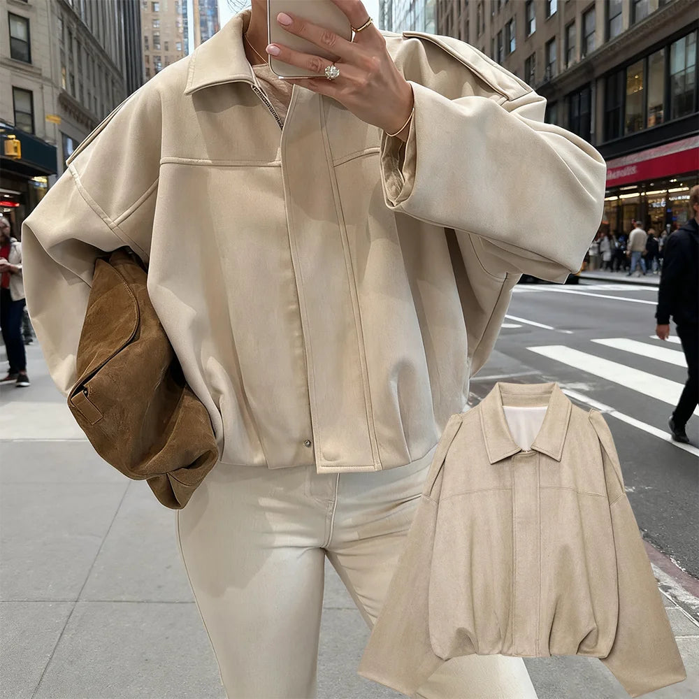 KONDALA Casual Soft Martini Green Bomber Jackets Women Long Lantern Sleeve Oversized Autumn Winter Coats Fashion 2025 Outwears