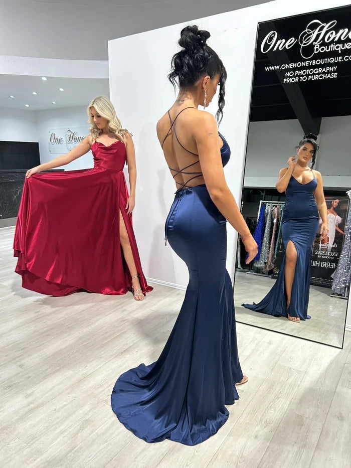 BABYONLINE Simple In Stock Soft Sliky Satin Bridesmaid Dresses Cowl Neck Tieing Thin Straps Leg Slit and Flowing A-line Dress
