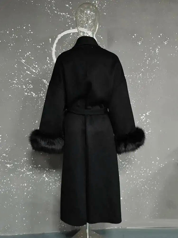 UCXQ Elegant OL Office Lady Overcoats Fur Patchwork Long Sleeve Woolen Coat Beautiful Women's Clothing Jacket Autumn 2025 Winter