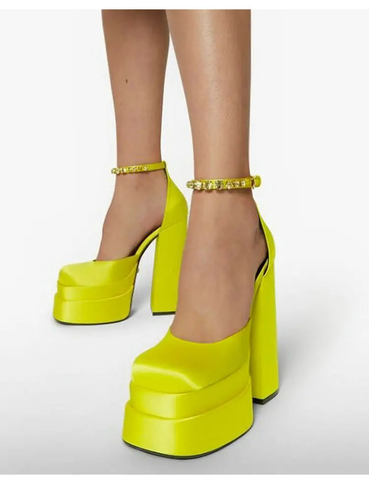 High Heels Women 2025 New Fashion Show 15cm Personality Super High Heel Waterproof Square Head Black Silk Runway Shoes
