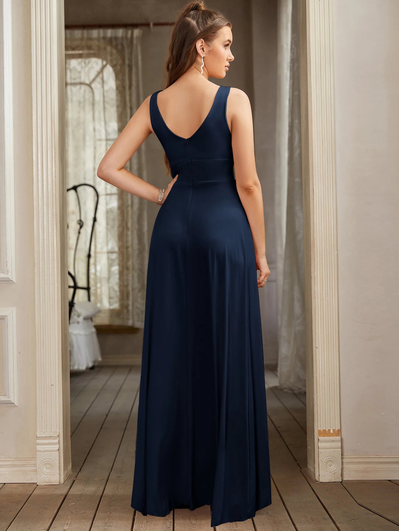BABYONLINE A Line Split V Neck Bridesmaid Dress Long for Women Wedding Party Formal Dress Sleeveless Floor Length Maxi Evening