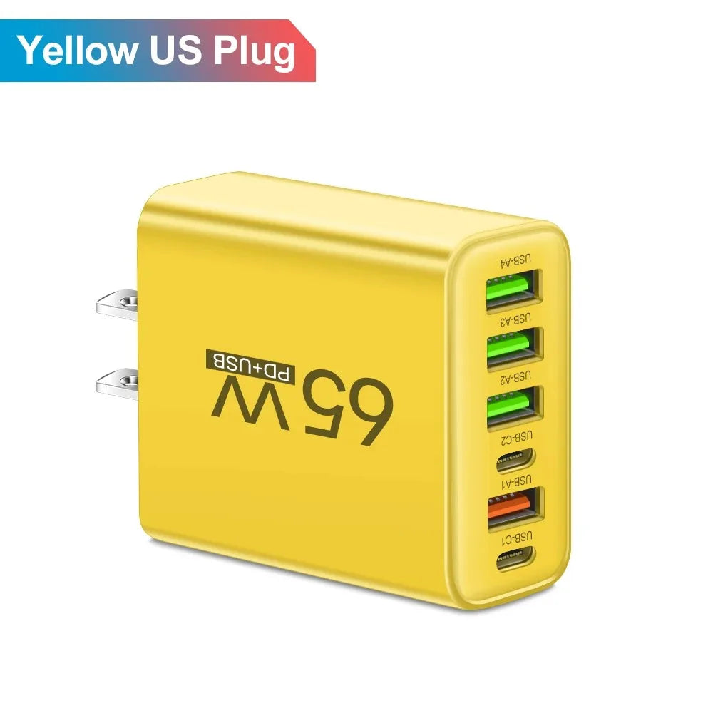 65W 6 in 1 USB Charger Type C Fast Charging Phone Wall Charger Adapter For iPhone Samsung Xiaomi Huawei EU/US Plug Quick Charger