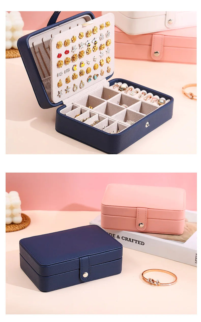 Portable double-layer buttoned jewelry storage box necklace watch, earring ring jewelry
