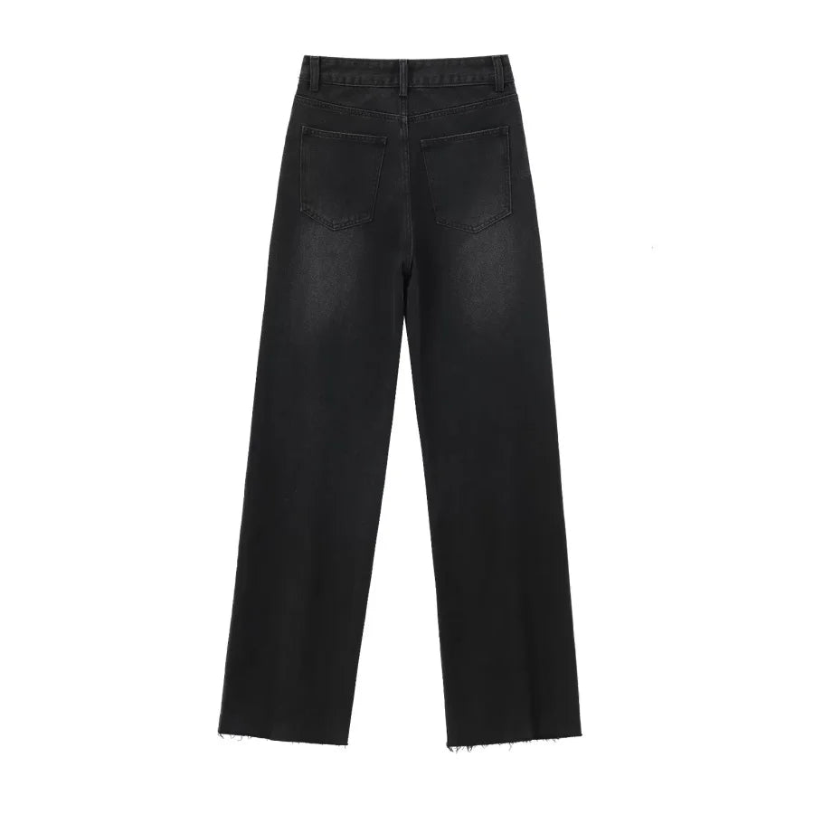 ETJ Wide-leg high-waisted jeans  women's classic everything with five pockets washed soft comfortable ultra-long jeans6045022
