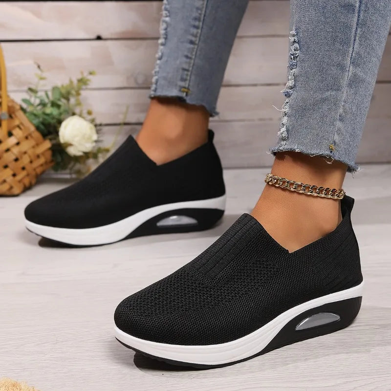 2025 Summer Fashion Mesh Breathable Sneakers Casual Solid Color Thick-soled Wedge Shoes Comfortable Walking Vulcanized Shoes