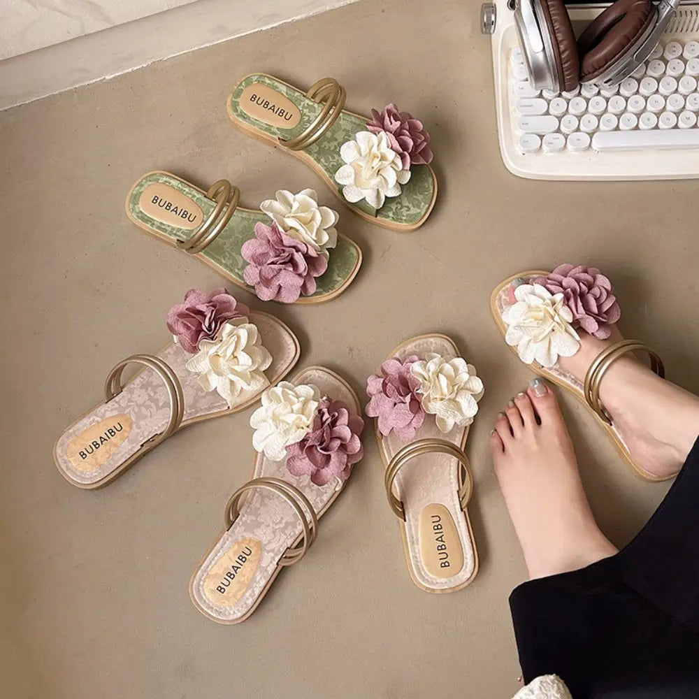Casual Sweet Flower Flip Flops Waterproof Holiday Seaside Sandals Non-Slip Flat Vacation Beach Slippers Summer
