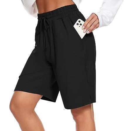 Womens Bermuda Shorts Knee-Length Elastic Waist Drawstring Workout Basketball Cropped Pants