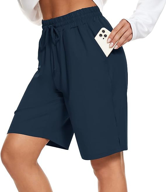 Womens Bermuda Shorts Knee-Length Elastic Waist Drawstring Workout Basketball Cropped Pants