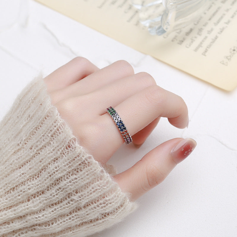 S925 Sterling Silver Personality Double Row Colorful Zirconium Vintage Thai Silver Ring