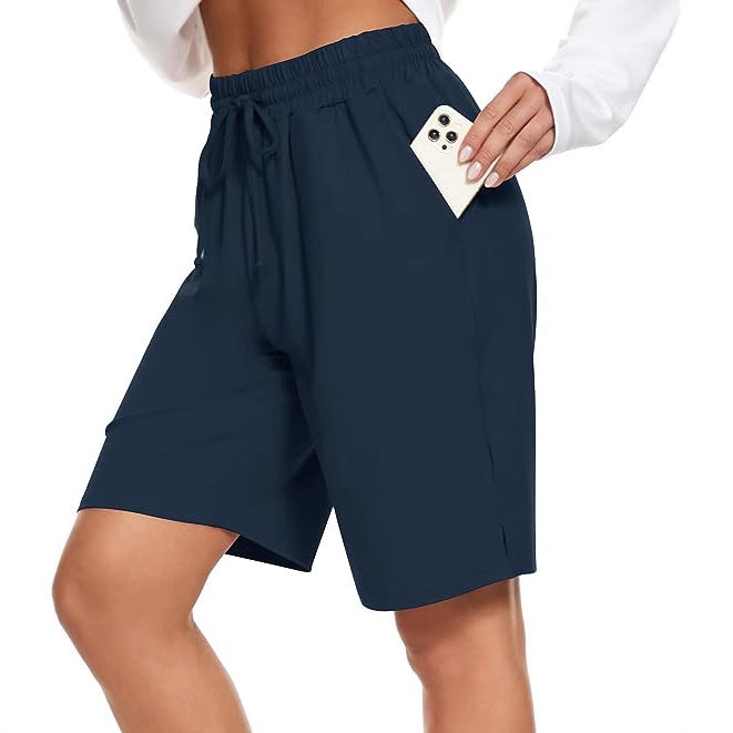 Womens Bermuda Shorts Knee-Length Elastic Waist Drawstring Workout Basketball Cropped Pants