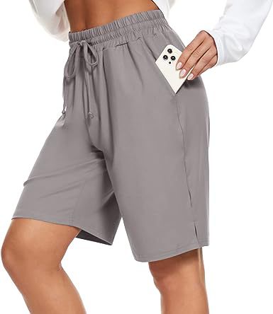Womens Bermuda Shorts Knee-Length Elastic Waist Drawstring Workout Basketball Cropped Pants