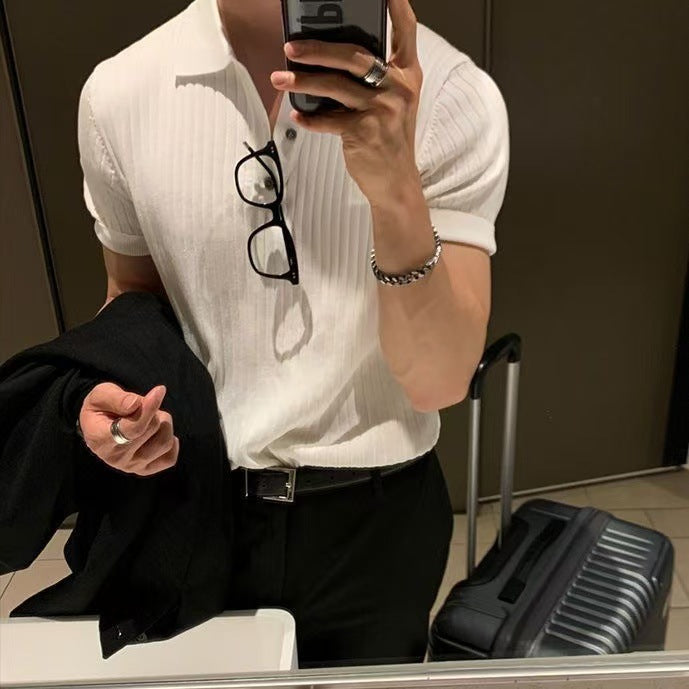 Lapel Polo Shirt Men's Fashion Brand Casual Summer Texture Solid Color Korean Style Knitwear Short Sleeve T-shirt