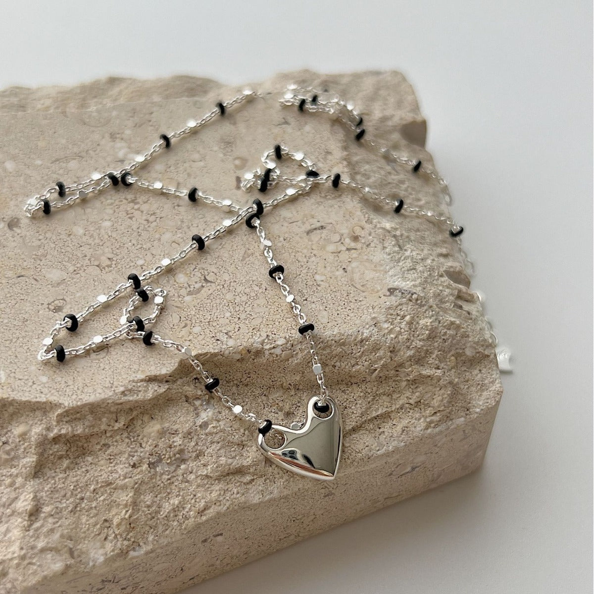 S925 Sterling Silver Necklace With Black Epoxy Heart And Cross Pendant