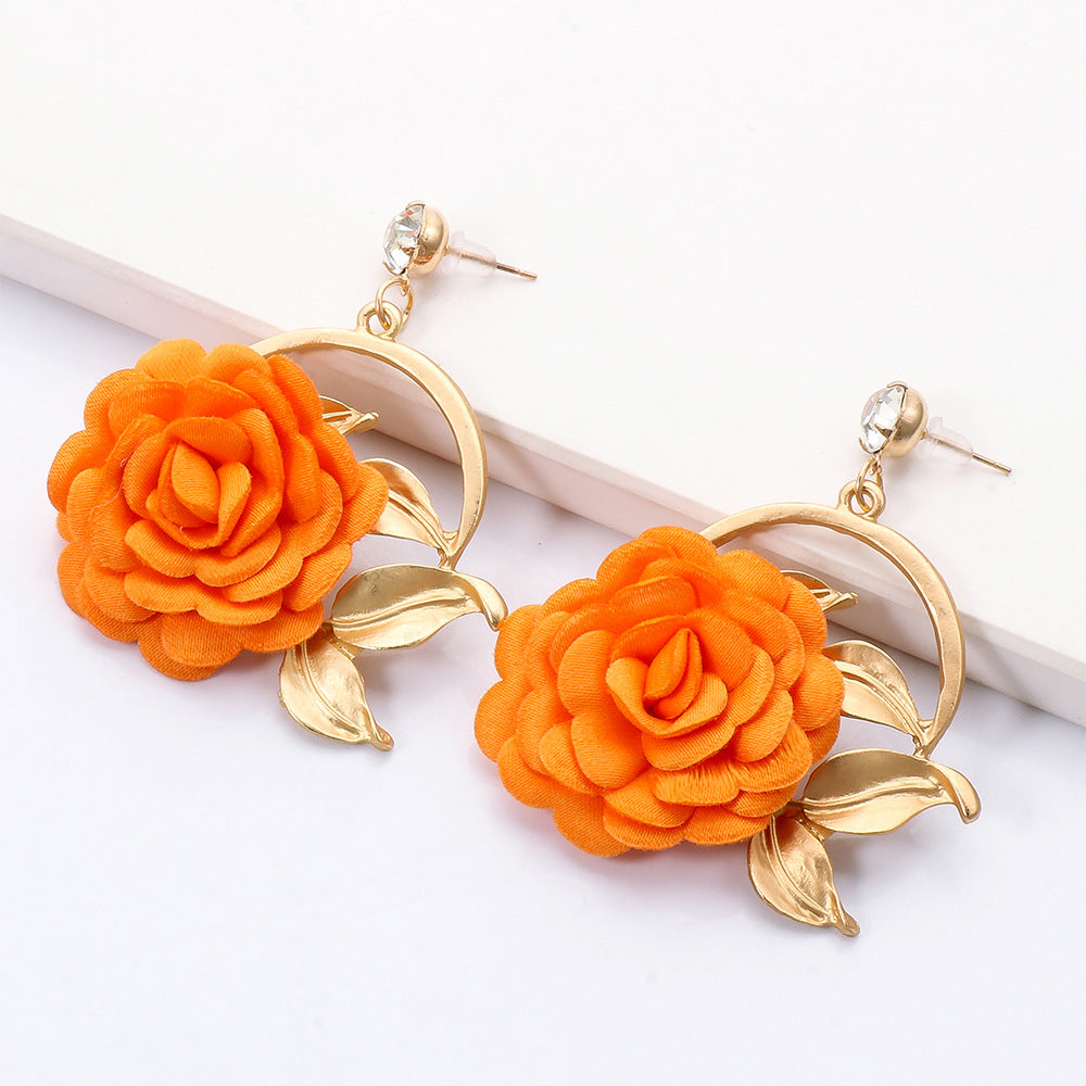 Ear Hanging Cloth Flower Earrings