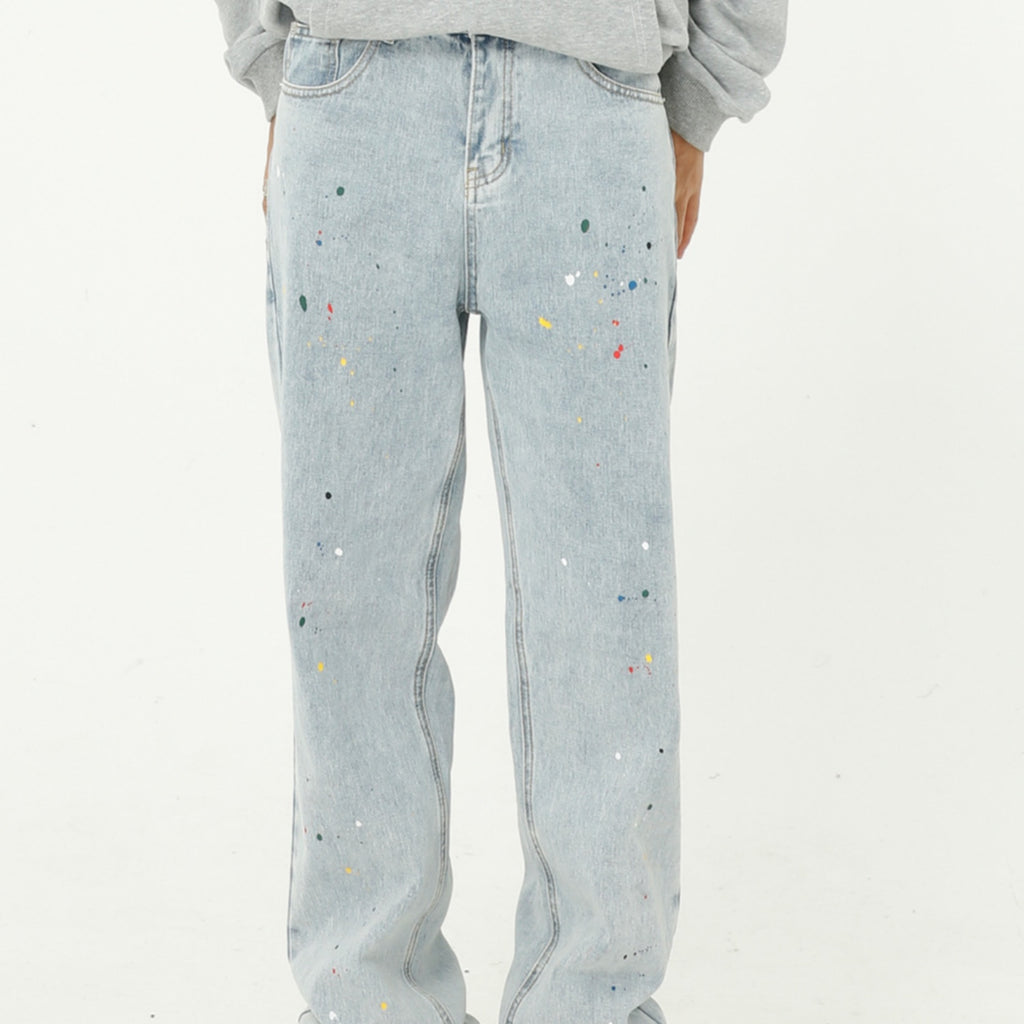 Paint Splash Blue Straight Loose Jeans