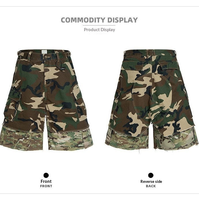 Camouflage Color-Block Loose Wide-Leg Denim Cropped Shorts