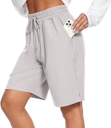 Womens Bermuda Shorts Knee-Length Elastic Waist Drawstring Workout Basketball Cropped Pants