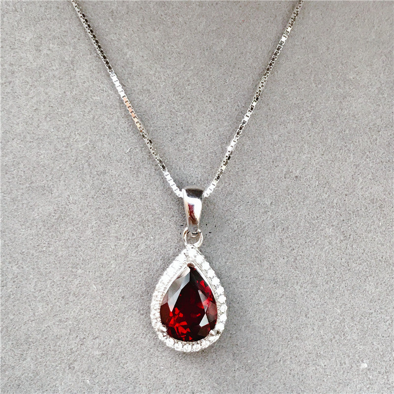 Natural Mozambique Garnet Drop Shape Pendant Sterling Silver Plated Necklace