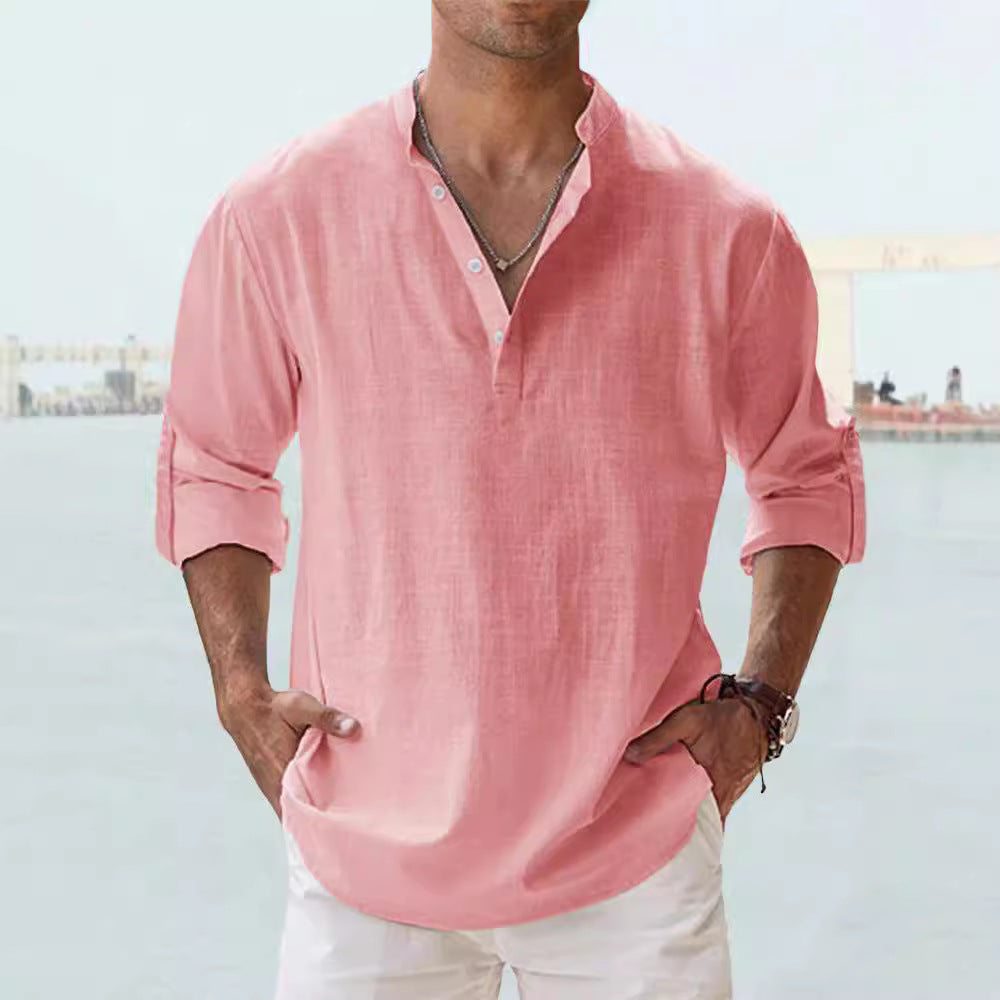 Men's Linen Stand-up Collar Long Sleeve T-shirt Loose Undershirt