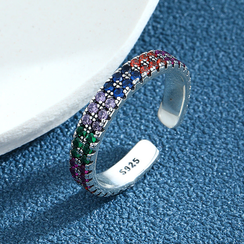 S925 Sterling Silver Personality Double Row Colorful Zirconium Vintage Thai Silver Ring